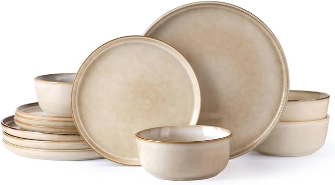 AmorArc Stoneware Dinnerware Sets,Round Reactive Glaze Plates and Bowls Set,Highly Scratch Resistant | Dishwasher & Microwave Safe Dishes Set,Service for 4 (12pc)