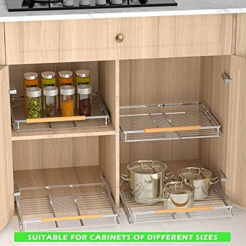 Pull Out Drawer Cabinet Organizers, Expandable Heavy Duty Slide Out Storage Shelf for Home Kitchen Pantry Cupboard Pots Pans, Adjustable Width 12.1" - 18.4", Stainless Steel 2 Pack