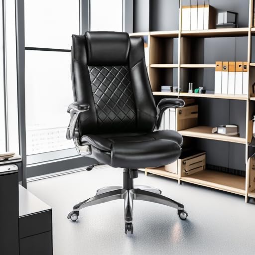 Executive Office Chair-Ergonomic Computer Desk Chair, High Back Leather Chair with Padded Flip-up Arms, Swivel Home Office Chair Upgraded Caster-Black