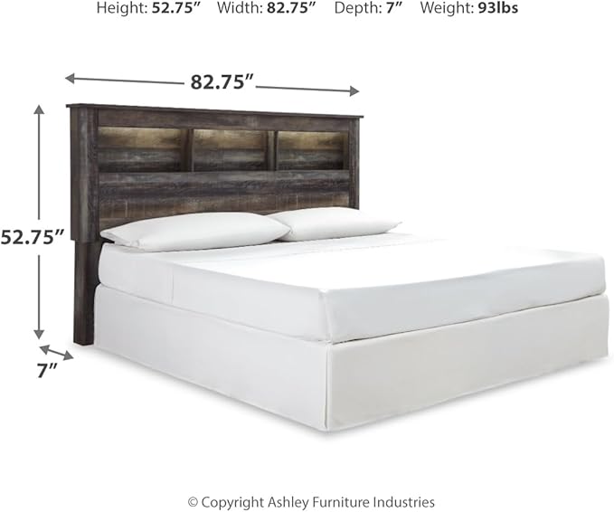 Signature Design by Ashley Drystan Rustic Industrial King/California King Bookcase Headboard with 3 Open Cubbies & Dimming LED Light, Weatherworn Brown