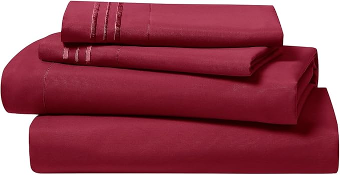Clara Clark Bed Sheets, Premier 1800 Series 4 Piece Bed Sheet Set, Deep Pocket, Wrinkle, Fade, Stain Resistant, Luxury Soft Bedding Sheets & Pillowcases, Split King, Burgundy Red