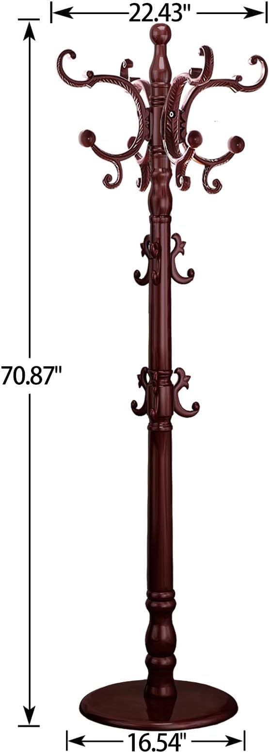 Coat Rack Freestanding, Wooden Coat Tree with Stable Round Base, Vintage Heavy Duty Coat Rack Stand with 14 Hooks, Coat Hanger Stand for Bedroom, Office, Entryway (Mahogany)
