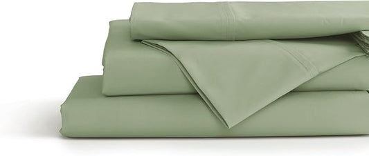 Linen Home 100% Cotton Percale Sheets Twin Size, Sage, Deep Pocket, 3 Pieces Set - 1 Flat, 1 Deep Pocket Fitted Sheet and 1 Pillowcase, Crisp Cool and Strong Bed Linen
