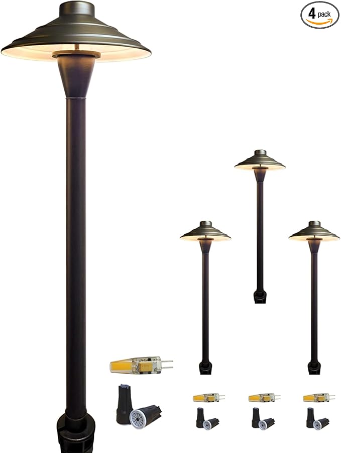 COLOER Brass Low Voltage Walkway Lights for Outside Bronze Finish 4-Pack with LED G4 Bulb,9-17V AC/DC 2W 2700K Warm White Outdoor Landscape Path Lights for Garden,Yard,Sidewalk or Driveway(601B)