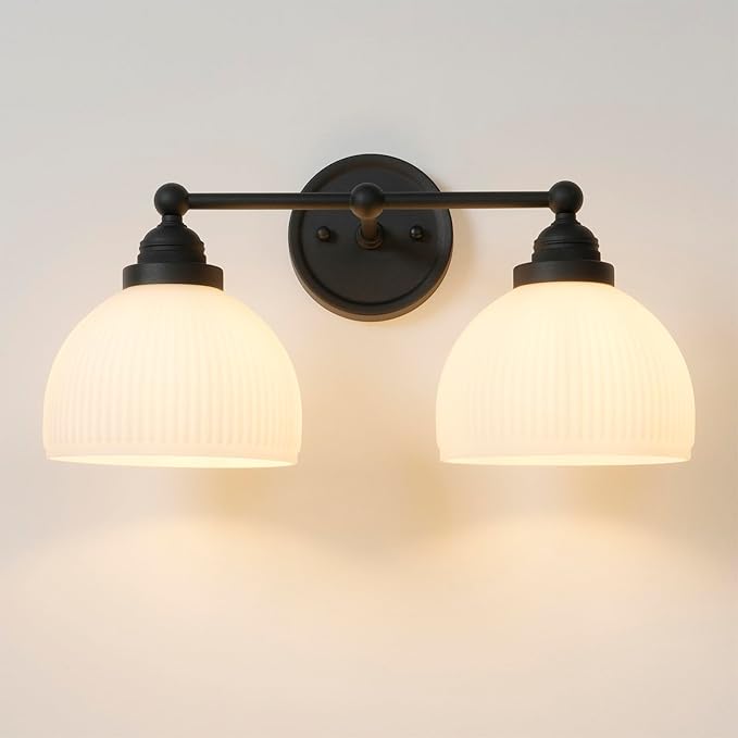 2-Lights Milk White Glass Wall Sconce Lighting Brass Finished, Double Arm Bathroom Vanity Light Fixture for Bedroom Living Room Dining Room Hallway