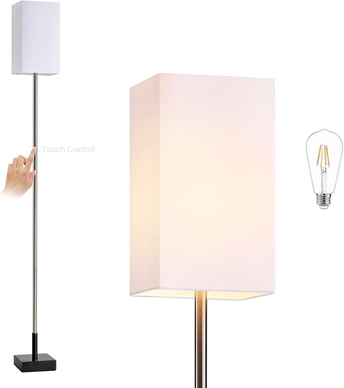Floor Lamp, 3-Way Touch Control Dimmable Standing Lamp with Sturdy Marble Base, Brushed Nickel Touch Floor Lamp Tall Lamp with Square Linen Shade for Living Room, Bedroom, LED Bulb Included