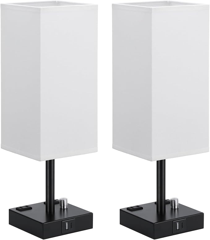 White Fully Dimmable Nightstand Lamps Set of 2 - Table Bedside Lamp with USB C+A Charging Ports & 2 AC Outlets, Square Lamp Sets Linen Fabric Shade for Bedroom Living Room(Bulb Included)