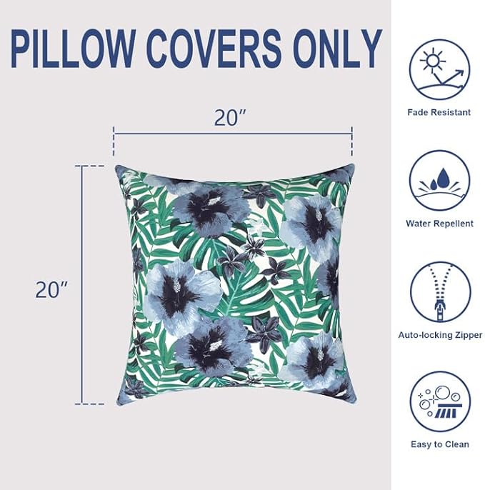 Pack of 2 Patio Throw Pillow Covers ONLY, Water Repellent Cushion Cases 20x20 Inch, Square Pillowcases for Outdoor Couch Decoration, Blue Salmone Tropical