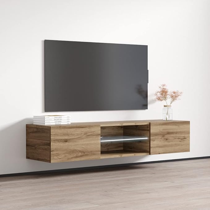 Meble Furniture Fly Type-33 Floating TV Stand - Rectangular Shape Modern High Gloss TV Stand with Storage Cabinets - Media Entertainment Center Console Table for TV Up to 70" - Oak