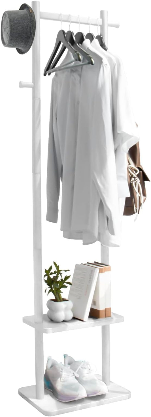 Wooden Coat Rack Stand,Heavy Duty Garment Rack with Shelves,Freestanding Clothes Rack Organizer for Entryway Bedroom Living Room(White)