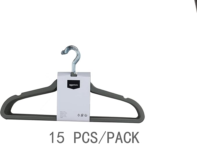 Amazon Basics Slim, Velvet, Non-Slip, Durable Suit Clothes Hangers for Closet, Coats, Pants, Shirts, Gray/Silver, Pack of 100