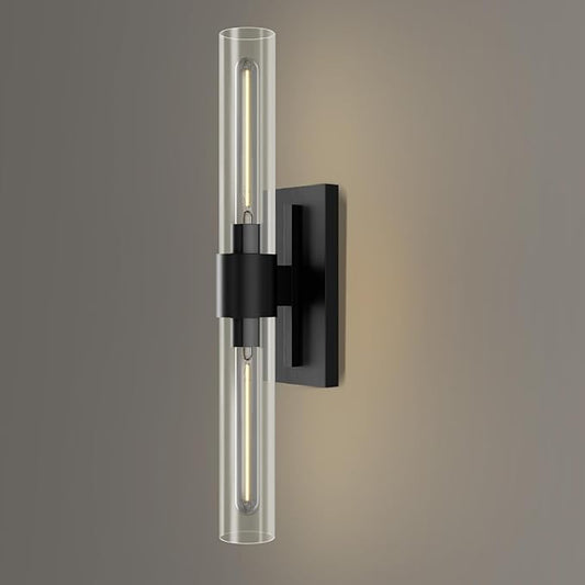 Black Wall Sconce for Bathroom Vanity, Copper Wall Light Fixtures, 22.8" Modern Two Glass Tube Wall Sconce, Indoor Wall Mounted Sconce for Bathroom Mirror, Bedroom, Living Room
