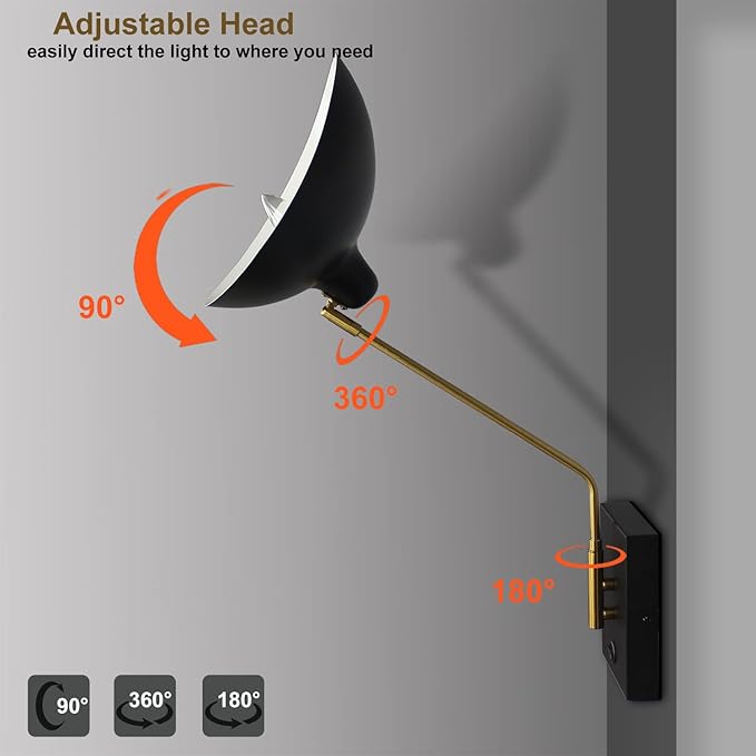 CLAXY Plug in Wall Sconce Swing Arm Bedroom Wall Light Matte Black with USB Charge Port-Set of 2, Plug in or Hardwired Wall Mounted Lights