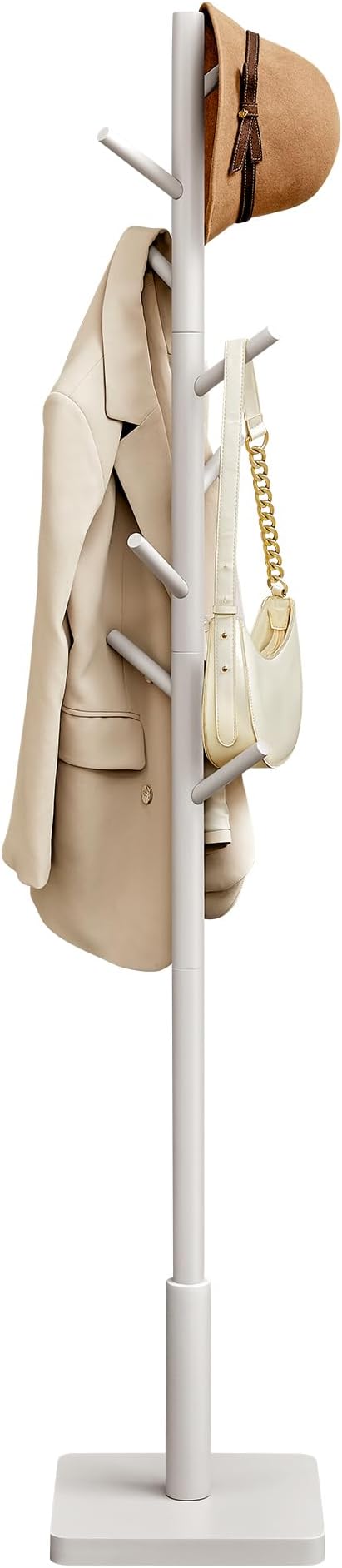 VASAGLE Solid Wood Coat Rack, Free Standing Hall Coat Tree with 8 Hooks, 3 Height Options, for Coats, Hats, Bags, Purses, for Entryway, Hallway, Rubberwood Hooks and Pole, Cappuccino Beige URCR010K01