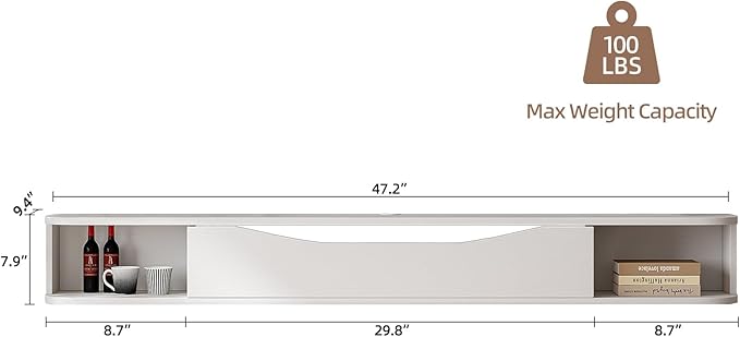 Floating TV Stand,47'' Wall Mounted TV Cabinet,Floating TV Console,Under TV Shelf with 1 Door and 2 Cabinets for TVs up to 55''(White)