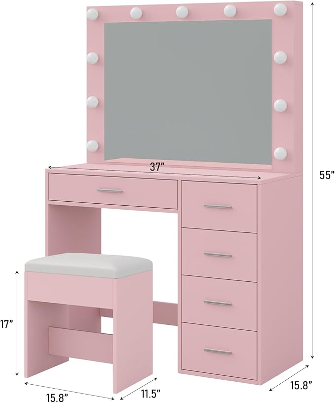 37" W Vanity Desk with Power Outlet, Makeup Vanity with Mirror and Lights, 3 Lighting Modes, Vanity Table with Chair for Bedroom, Dressing Room Studio, Pink