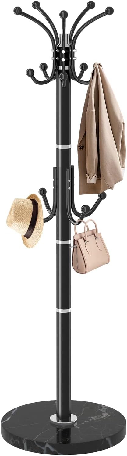 EZIVIEZ Modern Coat Rack Stand, Metal Freestanding Coat Rack with Natural Marble Base, Coat Racks with Umbrella Holder,Coat Hanger Stand with 12 Hooks for Office, Entryway (Black-360° Rotary 14 Hooks)