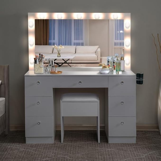 Natural Beauty Luxury Makeup Desk with Mirror, 11 Lights, Adjustable Brightness & 3 Lighting Modes, 7 Soft-Close Drawers, Crystal Knobs, USB & Power Outlets, Makeup Station (Stool Included)