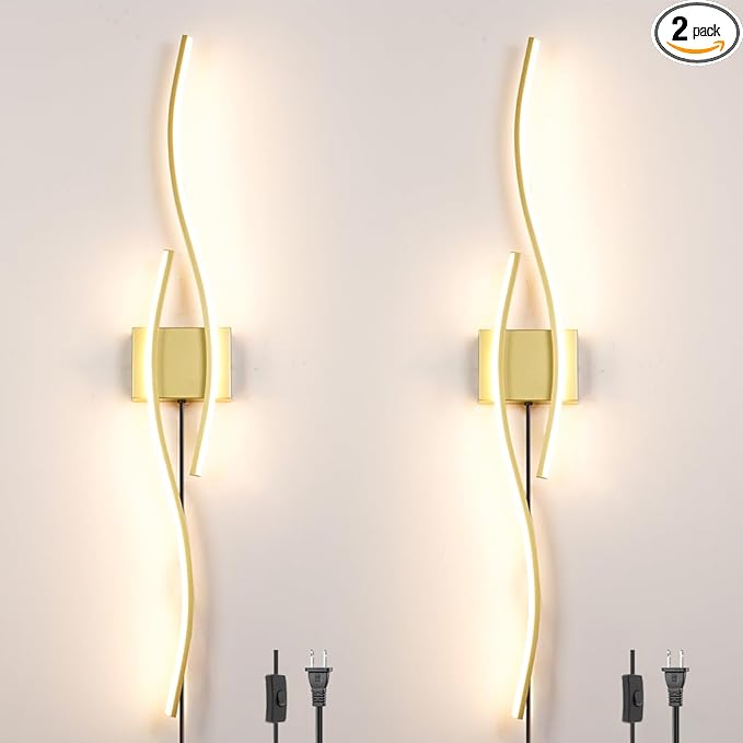 Modern Gold Plug in Wall Sconces Set of Two, RC Dimmable LED Plug in Wall Light, Wall Lamps with Plug in Cord for TV Wall Sconces, Gold Sconce Wall Lighting for Living Room, Hallway, Bedroom