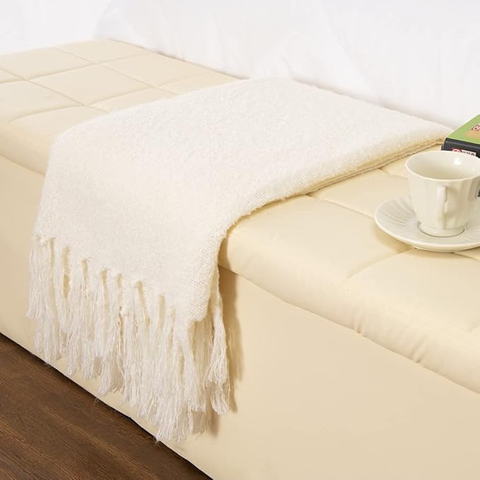 Gealaek Decorative Fluffy White Throw Blanket Cream Fringe Lightweight Faux Cashmere Fuzzy Soft Cozy Throws for Sofa Bed Farmhouse 50" x 60"