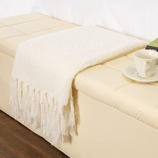 Gealaek Decorative Fluffy White Throw Blanket Cream Fringe Lightweight Faux Cashmere Fuzzy Soft Cozy Throws for Sofa Bed Farmhouse 50" x 60"