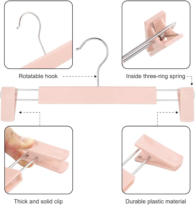 Clothes Pants Hangers, Space-Saving Skirt Holders with 360 ° Swivel Hooks, Adjustable Clips, Trouser Hangers, Clothes Coat Garment Jeans Hangers (30 Pack, Pink)