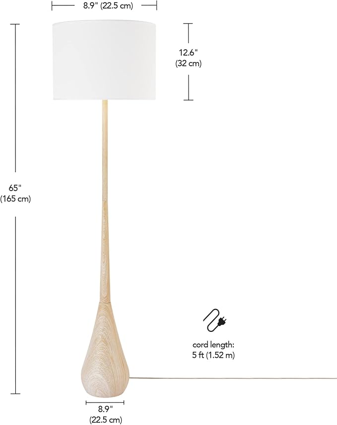 GLOBE Electric 52112 65" Floor Lamp, Faux Wood Finish, White Cotton Shade, Japandi Style, E26 Base, Modern Bedroom and Living Room Lighting
