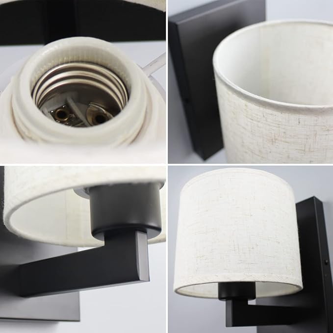 SAMTEEN Farmhouse Black Wall Sconces Set of Two Modern Fabric Shade Sconces Wall Lighting Black Wall Lamp with Drum Shade for Bedroom Bedside Living Room (Beige Shade)