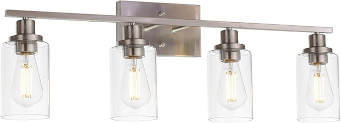 MELUCEE Bathroom Light Fixtures Brushed Nickel 4 Heads Modern Vanity Lights Wall Sconce with Clear Glass Shade for Hallway Kitchen Bedroom Living Room (Patent No.: US D963914 S)