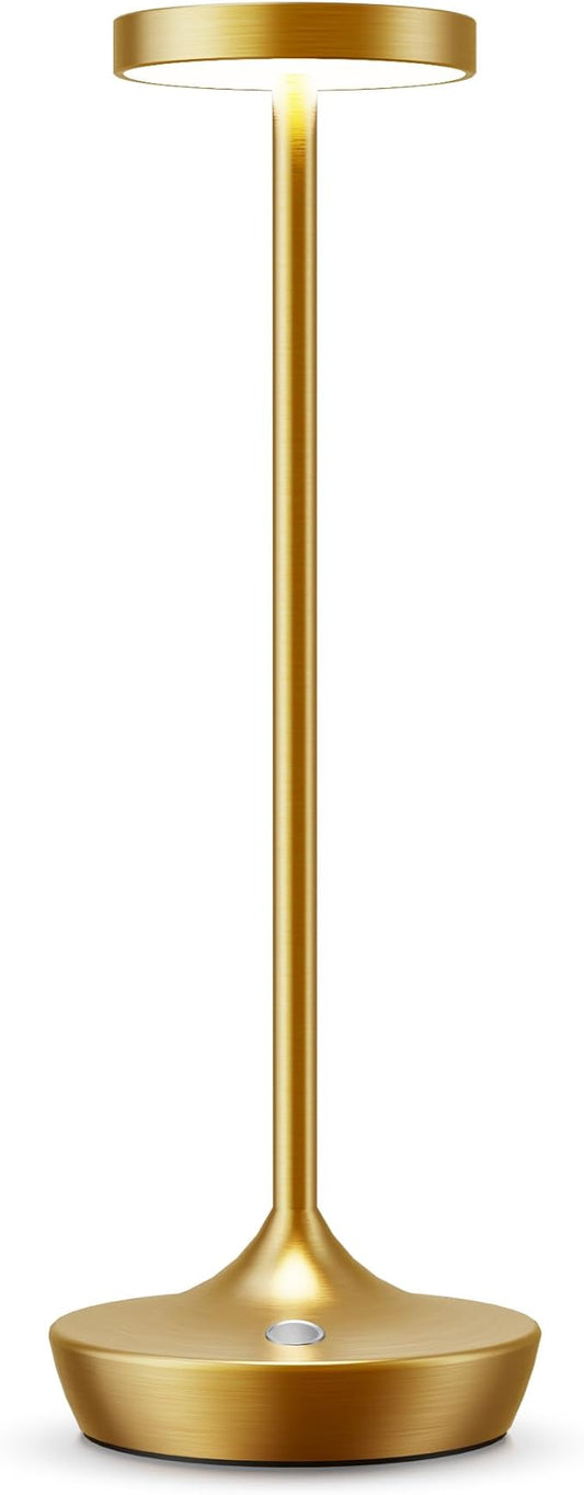 Cordless Table Lamp, Battery Operated LED Desk Lamp, 3-Color Stepless Dimming, Portable & Waterproof, for Restaurants, Bedrooms, Bars, Outdoor Parties, Camping, and Cafes (Gold)