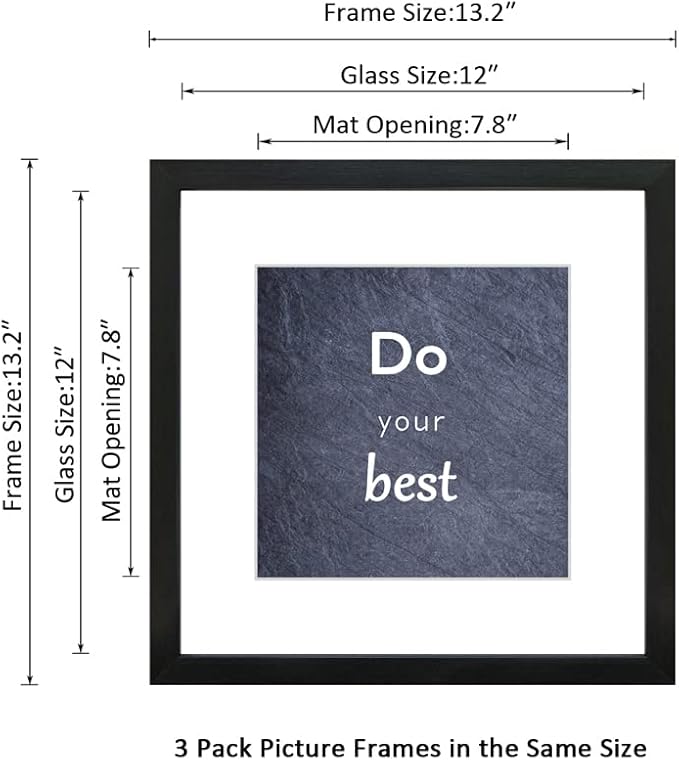 12x12 Black Picture Frame Set of 3 for Pictures 8x8 with Mat or 12x12 Without Mat, Wall or Tabletop Gallery Photo Frames with Real Glass