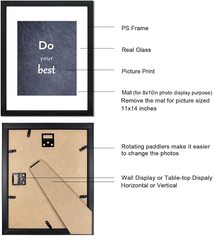 11x14 Picture Frame Set of 3 with Real Glass for Pictures 8x10 with Mat or 11x14 Without Mat, Wall Gallery or Tabletop display Photo Frames in Black