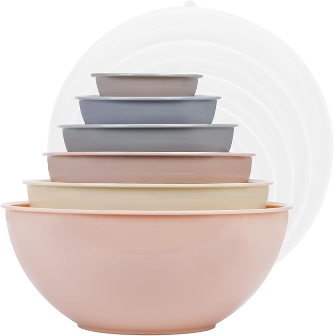 BoxedHome BPA Free Plastic Round Mixing Bowl with Lids, 12 Pack Nesting Bowls with Lids Set, Microwave and Dishwasher Safe Prep & Serving Bowls Great for Mixing, Baking, Serving (Khaki Pink, 12pcs)