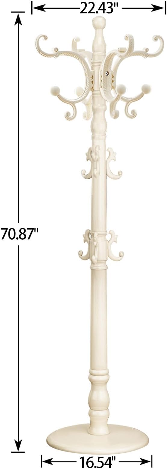 Coat Rack Freestanding, Wooden Coat Tree with Stable Round Base, Vintage Heavy Duty Coat Rack Stand with 14 Hooks, Coat Hanger Stand for Bedroom, Office, Entryway (Ivory)