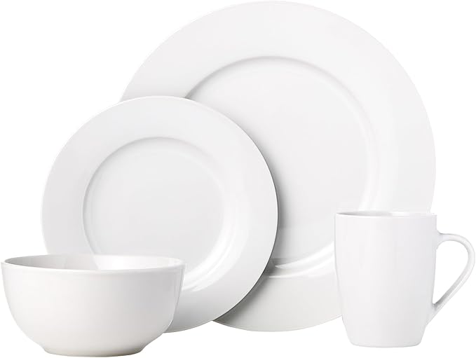 Amazon Basics 16-Piece Porcelain Kitchen Dinnerware Set with Plates, Bowls and Mugs, Service for 4 - White