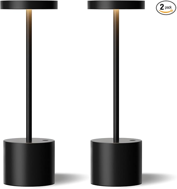 Cordless Table Lamp, 4000mAh Rechargeable Battery Powered Lamps, 3 Color Stepless Dimming, LED Wireless Outdoor Lamps for Dining Room, Bedroom, Bar, Cafe, Restaurant, Patio, Camping, Set of 2- Black