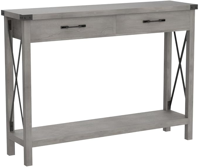 31-inch Storage Cabinet Suitable for hallways, corridors, and Living Rooms Two-Tier Narrow Sofa Table Industrial-Style Hallway Table with Drawers and Open Storage Shelves - Gray