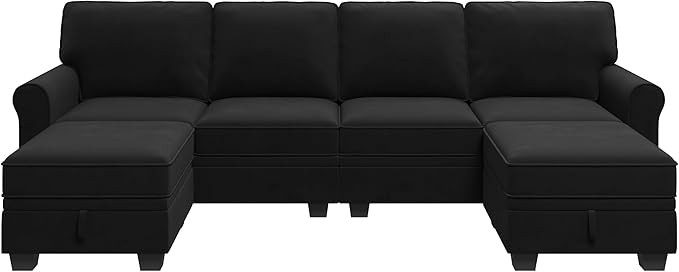 HONBAY Sectional Sofa with Storage Seat Velvet U Shaped Couch with Reversible Chaise Convertible Sectional Couches for Living Room,Black Velvet