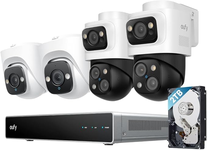 eufy PoE NVR Security Camera System S4, 24/7 Recording,Up to 16CH, 2TB HDD, 2 Bullet-PTZ Cams, 2 Turret Cams, 360° PTZ, AI Auto Framing & Tracking, Smart Video Search, Color Night Vision, Plug & Play