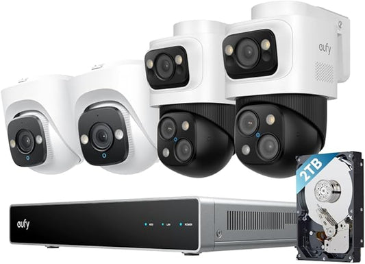 eufy PoE NVR Security Camera System S4, 24/7 Recording,Up to 16CH, 2TB HDD, 2 Bullet-PTZ Cams, 2 Turret Cams, 360° PTZ, AI Auto Framing & Tracking, Smart Video Search, Color Night Vision, Plug & Play