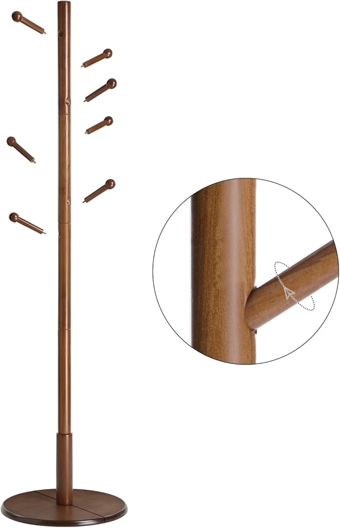 VASAGLE Solid Wood Coat Rack, Free Standing Hall Coat Tree with 7 Hooks, 3 Height Options, for Coats, Hats, Bags, Purses, for Entryway, Hallway, Rubberwood Hooks and Pole, Dark Walnut URCR07WN
