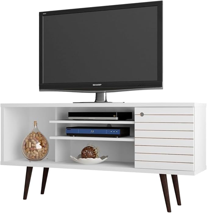 Manhattan Comfort Liberty Mid Century Modern TV Stand for Televisions up to 50 Inches, Bedroom and Living Room Entertainment Center with Storage, Shelves, and Cabinet, 53" Wide, White