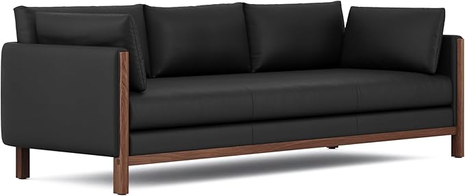 Valencia Matera 93” Black 3 Seater Full Leather Sofa | Modern Nappa Leather Couch with 2 Pillows for Living Room Furniture | Canadian Hardwood, One-Piece Curved Frame Lounge Sofa