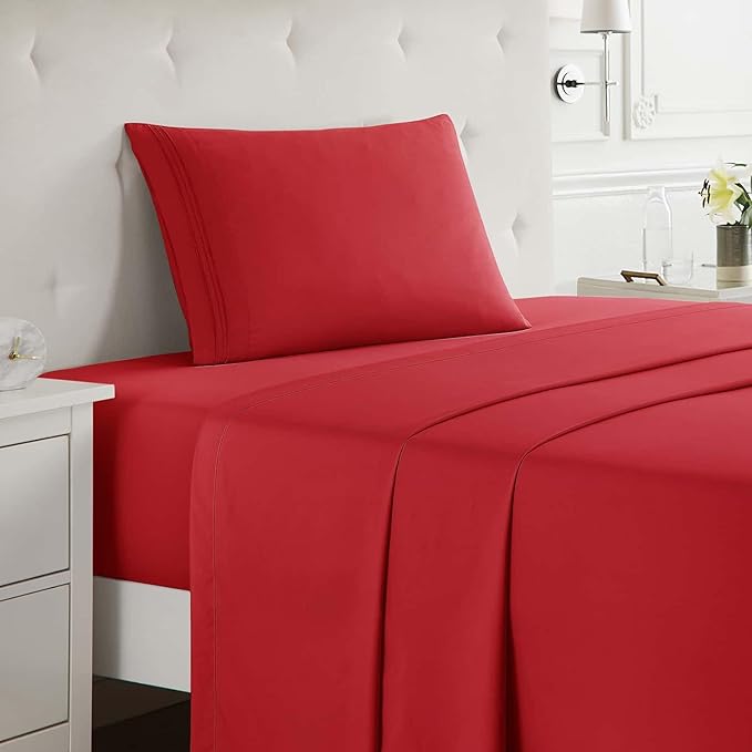 Clara Clark Twin Sheets Set, Deep Pocket Bed Sheets for Twin Size Bed - 3 Piece Sheets, Luxury Soft Bedding Sheets & Pillowcases, Cherry Red
