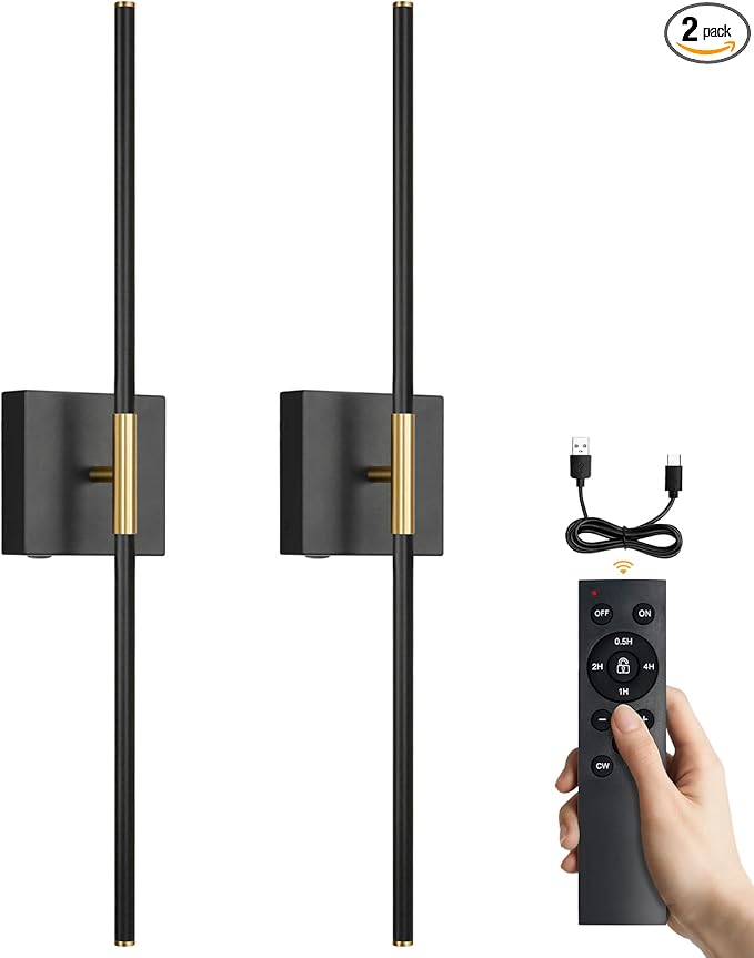 Battery Operated Wall Sconces Set of 2, Battery Wall Sconce with Remote Control,350°Rotate, LED Rechargeable Sconces,3000K-6000K Wireless Wall Light for Bedroom, Living Room, Hallway (Black,24Inch)
