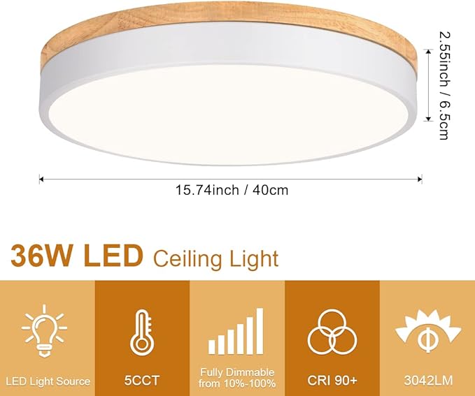 Dimmable Modern Wood Ceiling Light, White LED 5CCT 2700K-6000K Flush Mount Ceiling Lighting Fixture, Round Light Fixtures for Kitchen Living Room Dining Room Bedroom-15.8in