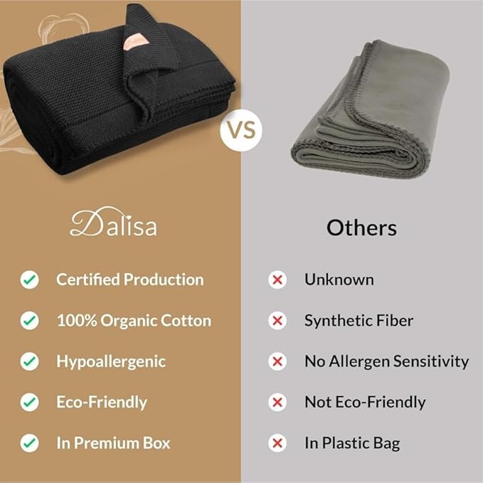 Dalisa 100% Organic Turkish Cotton Throw Blanket - GOTS Certified, Cozy - Perfect for Couch, Bed, and Home Decor - Boho Vintage Knit Alina (Black, 50x60)