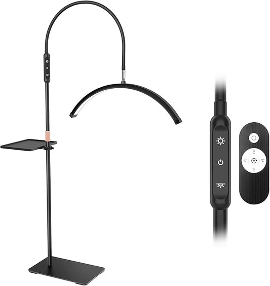 Lash Light for Eyelash Tech, Led Half Moon Light Floor Lamp for Eyelash Extensions, Tattoo, Esthetician Artists, Nail Art, Skincare, Adjustable Height, Dimmable Brightness, with Movable Tray
