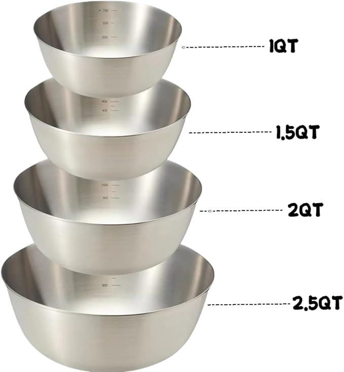 MANHONGYU Stainless Steel Mixing Bowls Set for Kitchen, Dishwasher Safe Nesting Bowls for Cooking, Baking, Meal Prepping, 4 - Piece