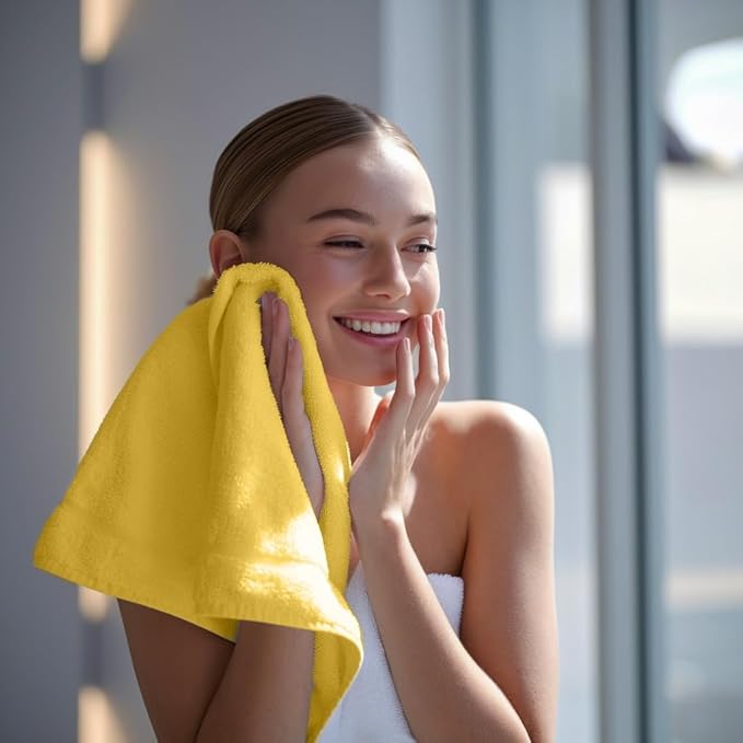 Towel and Linen Mart 100% Cotton - Wash Cloth Set - Flannel Face Cloths, Highly Absorbent and Soft Feel Fingertip Towels (Yellow, Pack of 12)